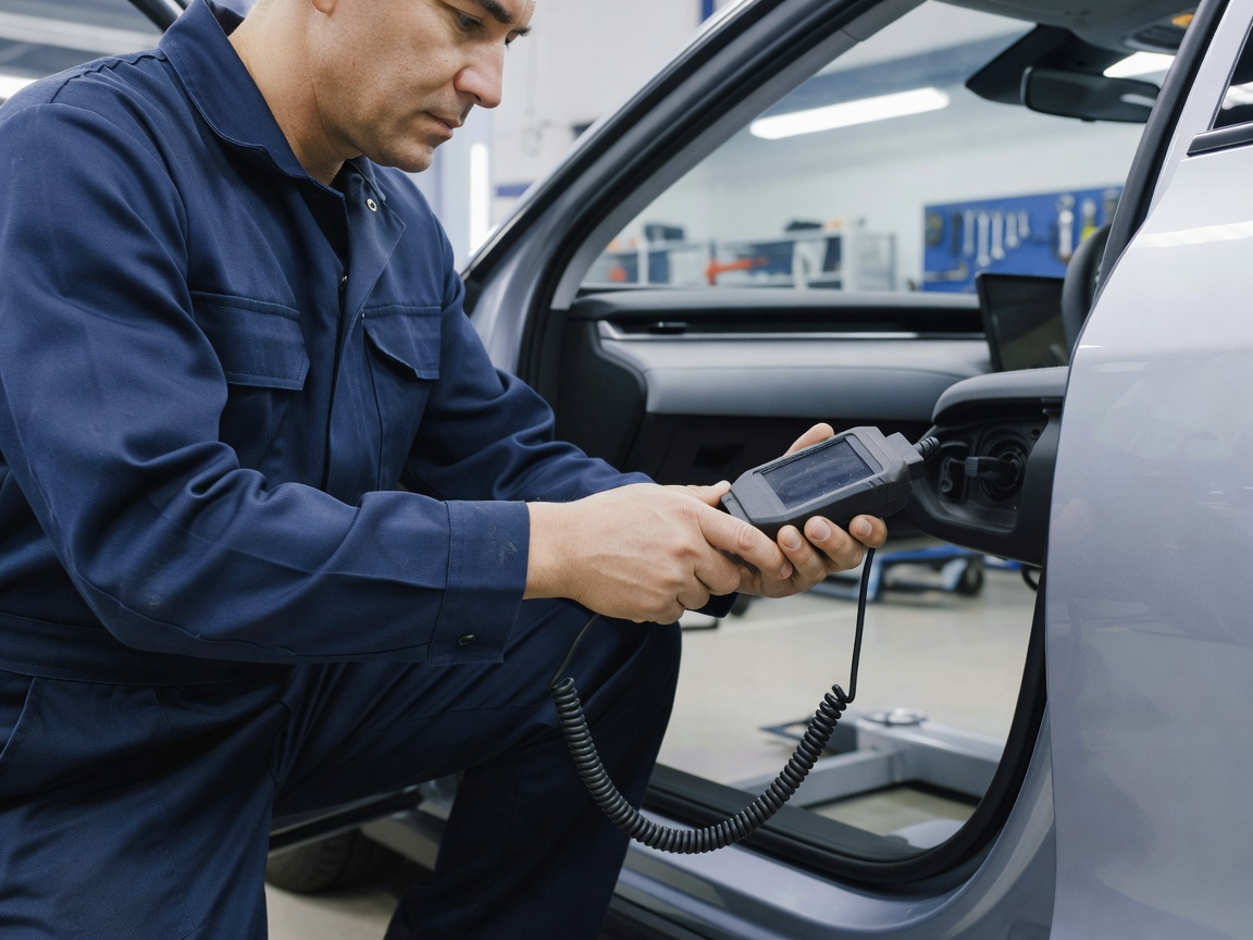 Automotive diagnostic technician connecting an OBD scanner to an electric car diagnostic interface