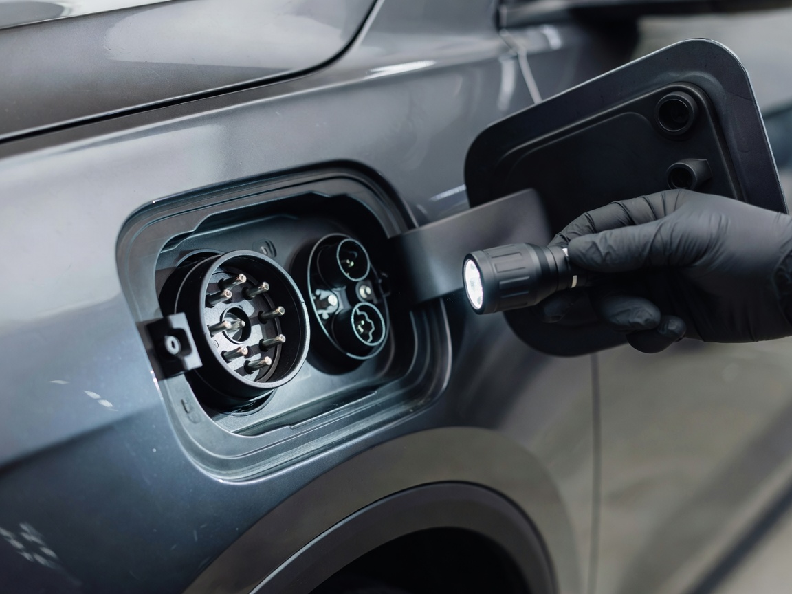 Close-up of European Type 2 and CCS electric vehicle charging socket during pre purchase check