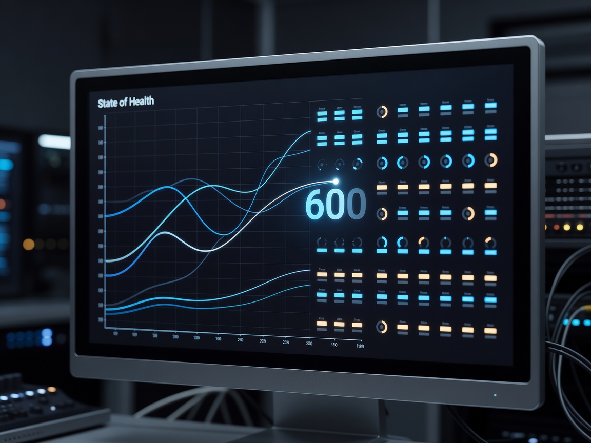 Digital diagnostic monitor displaying State of Health curves and battery cell metrics
