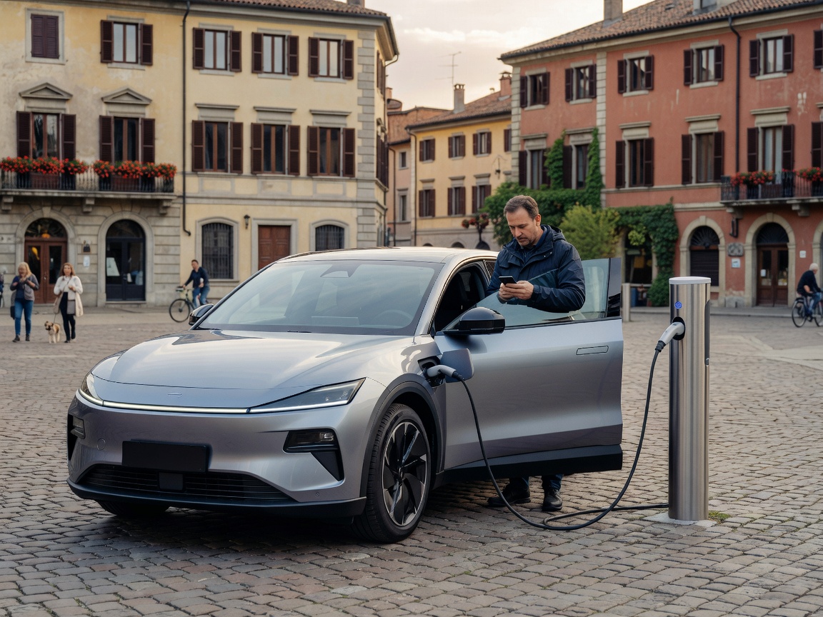 Electric vehicle parked at a European charging plaza while driver checks mobile battery telematics