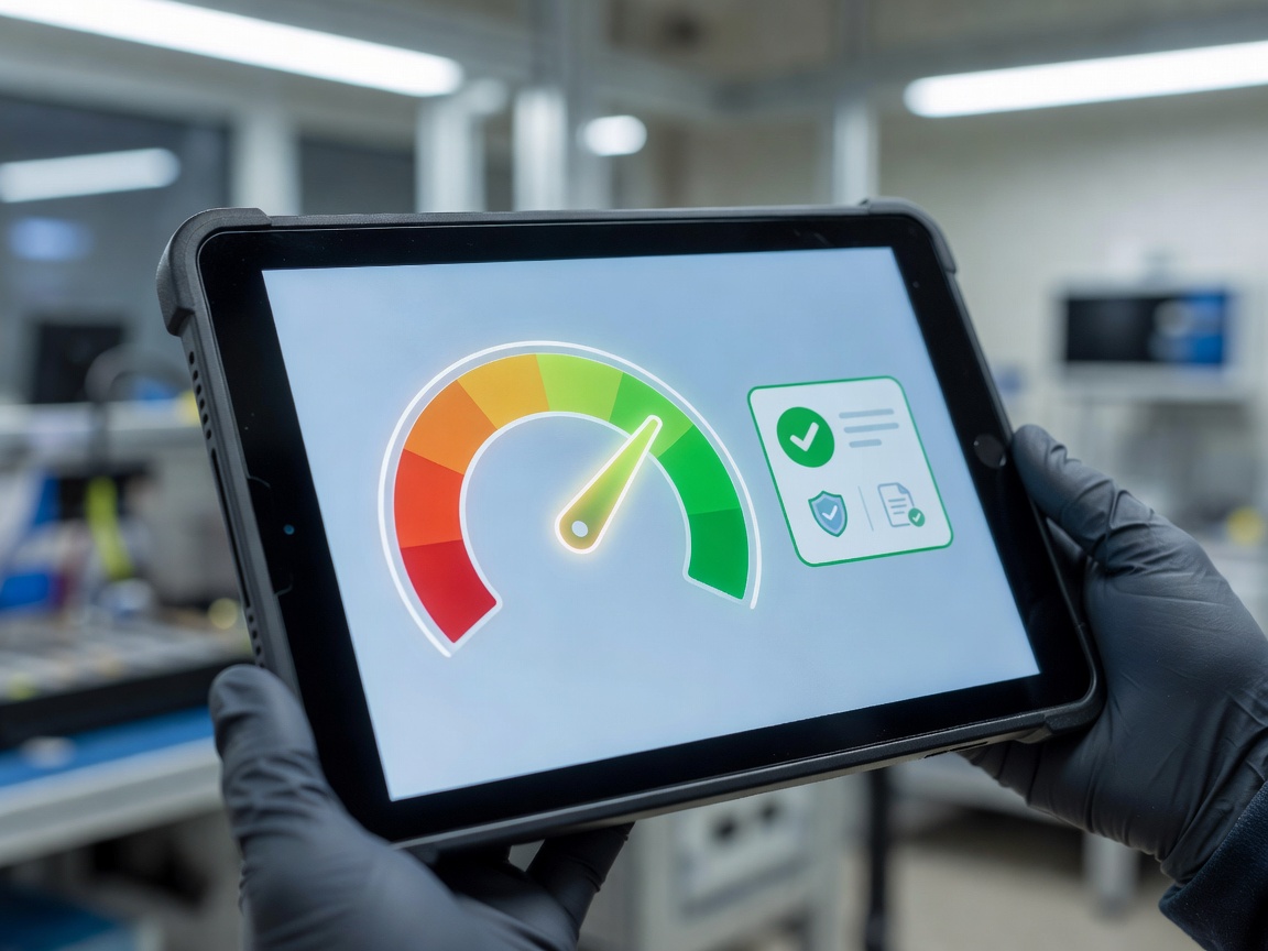 Inspection tablet displaying battery health score and certificate details