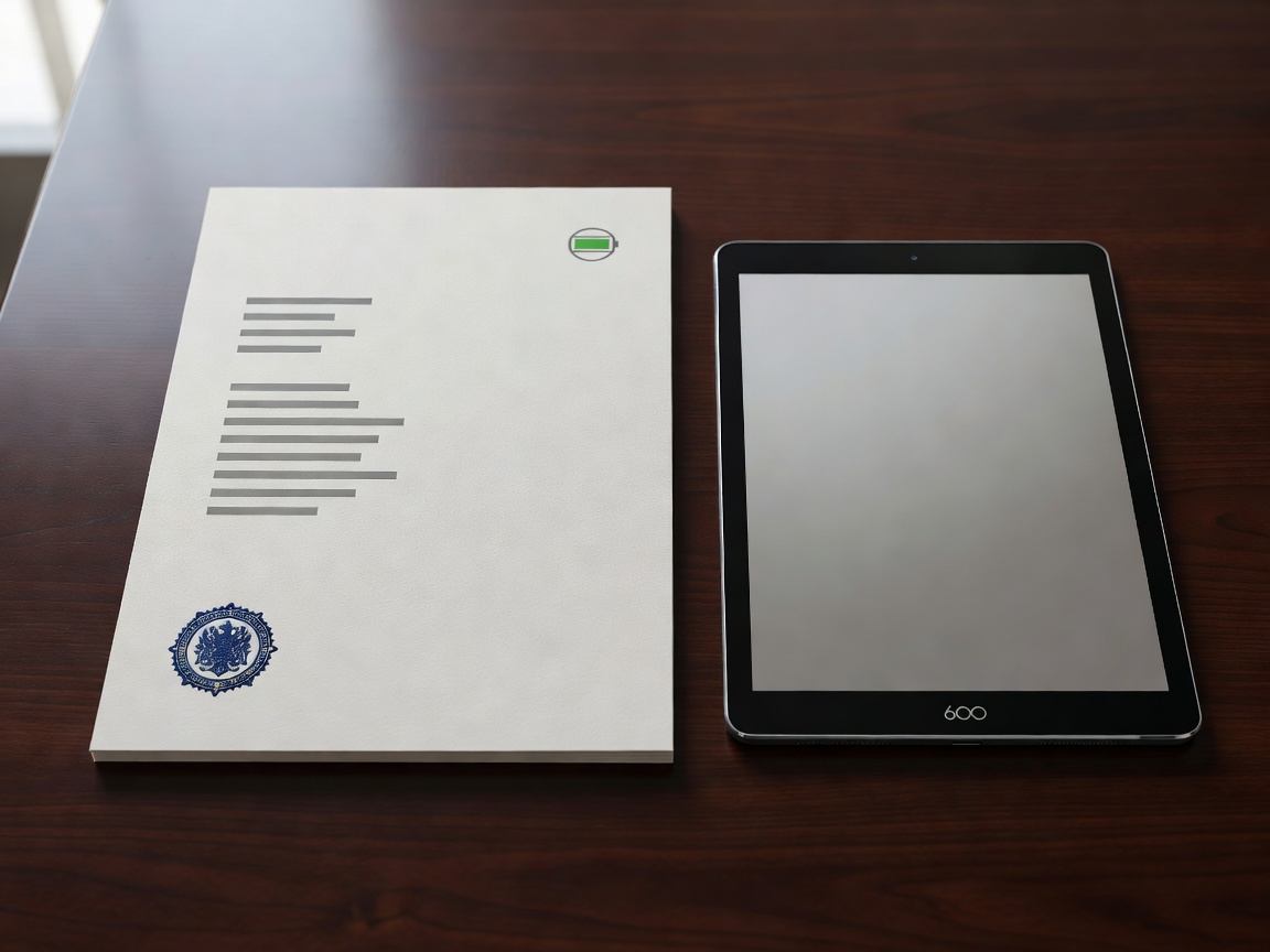 Official looking European battery health certificate document lying next to a digital tablet