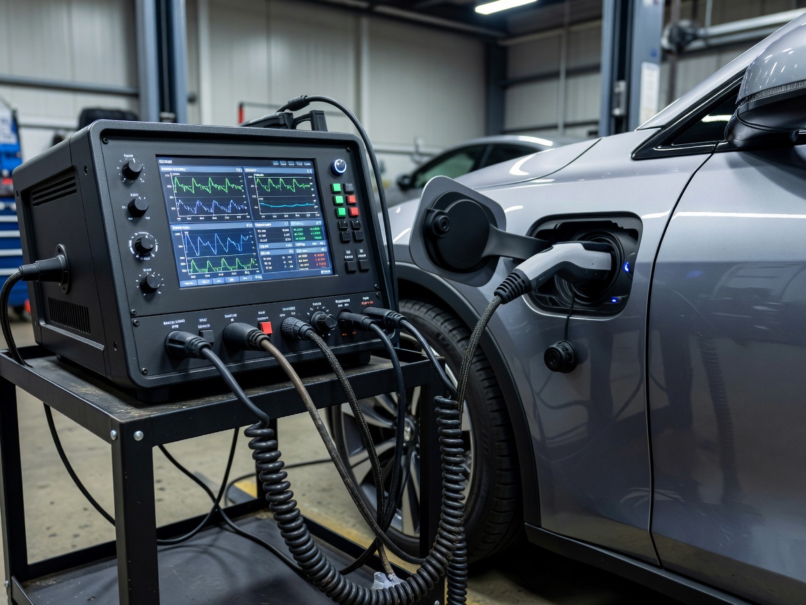 Specialist diagnostic equipment connected to electric car charging port measuring telemetry